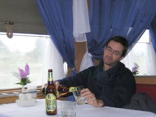 Fab in the restaurant car on the train to Moscow